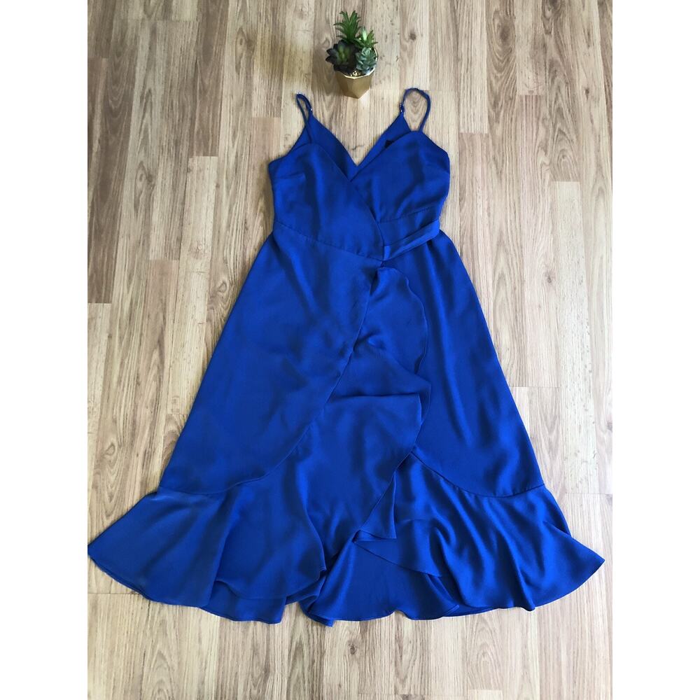 Lulus Manhattan Moment Ruffled Midi Wrap Dress Size XS Blue Straps Sleeveless - Picture 4 of 10